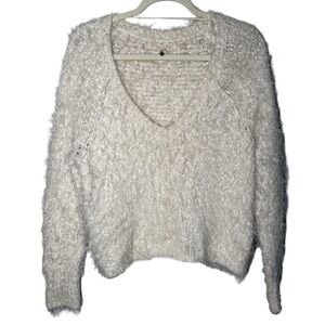 Anthropologie Knitted & Knotted Elegant Cream V-Neck Sweater